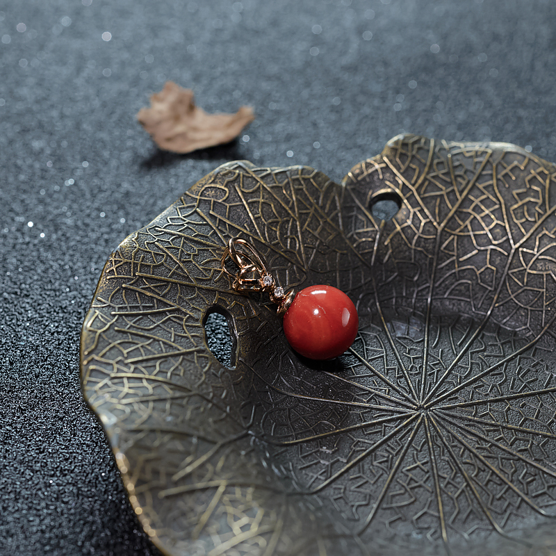 18K天然意大利珊瑚圆珠吊坠-红掌柜