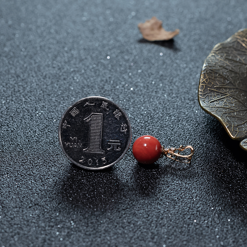 18K天然意大利沙丁珊瑚圆珠吊坠-红掌柜