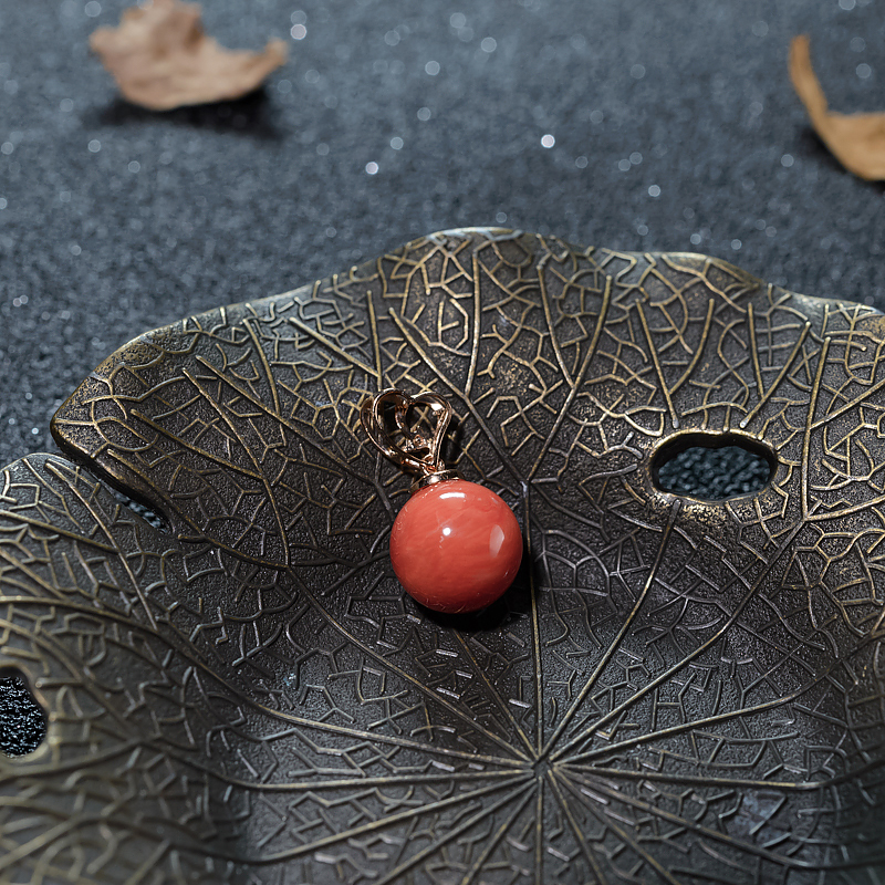 18K天然意大利珊瑚圆珠吊坠-红掌柜