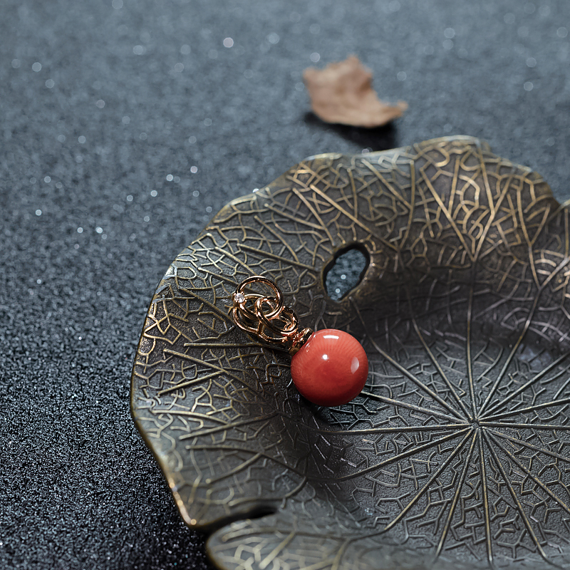 18K天然意大利珊瑚圆珠吊坠-红掌柜