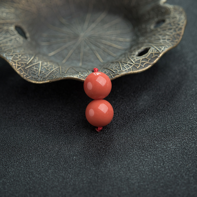 10.5mm沙丁橘红珊瑚圆珠对珠-红掌柜
