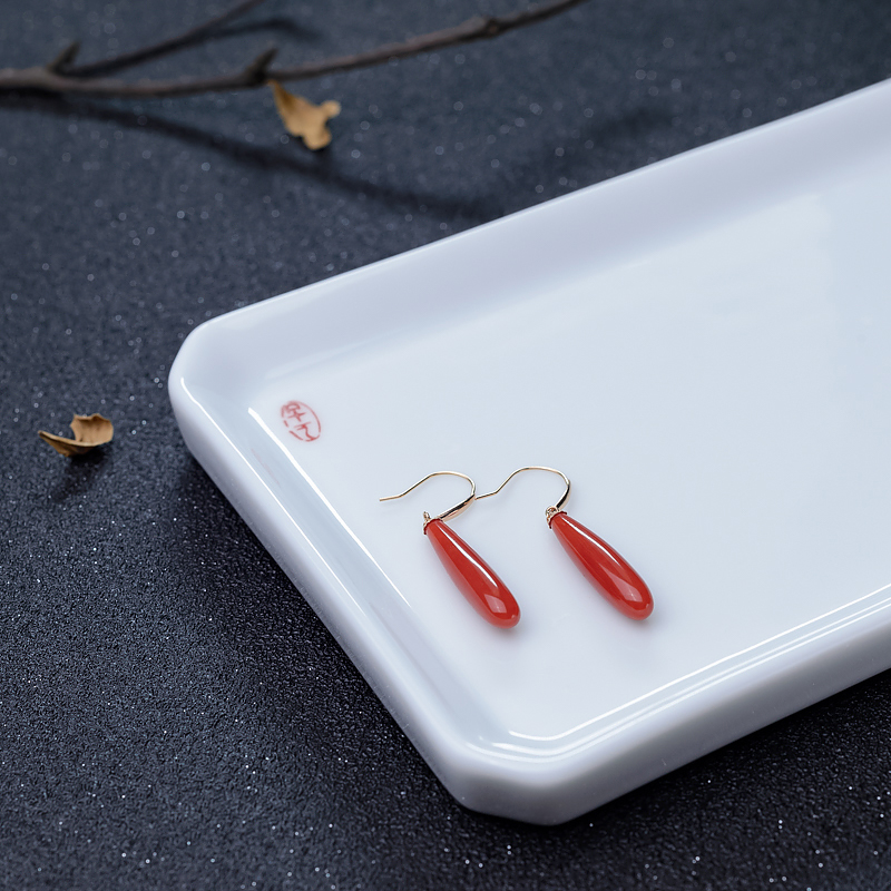 18K金镶沙丁朱红珊瑚耳坠-红掌柜