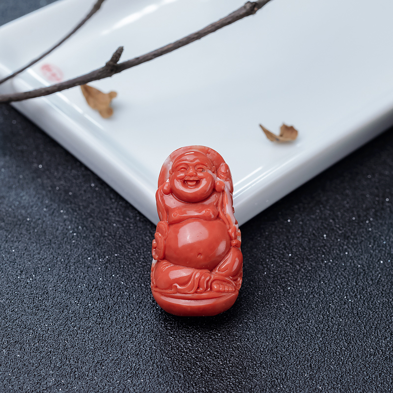 MOMO橘红珊瑚弥勒佛吊坠-红掌柜