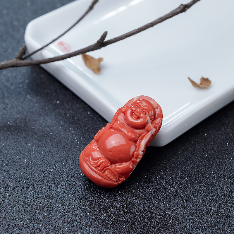 橘红珊瑚弥勒佛吊坠-红掌柜