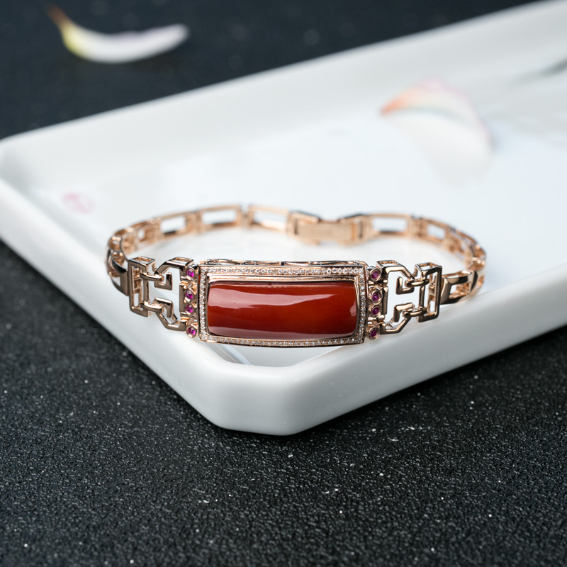 60.5mm18K金镶钻阿卡珊瑚手镯-红掌柜