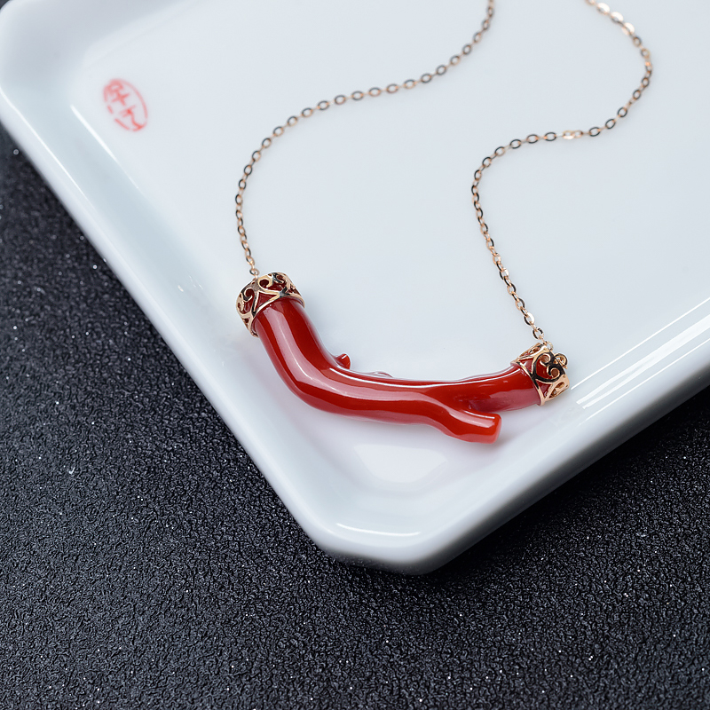 金镶钻阿卡正红珊瑚锁骨链-红掌柜