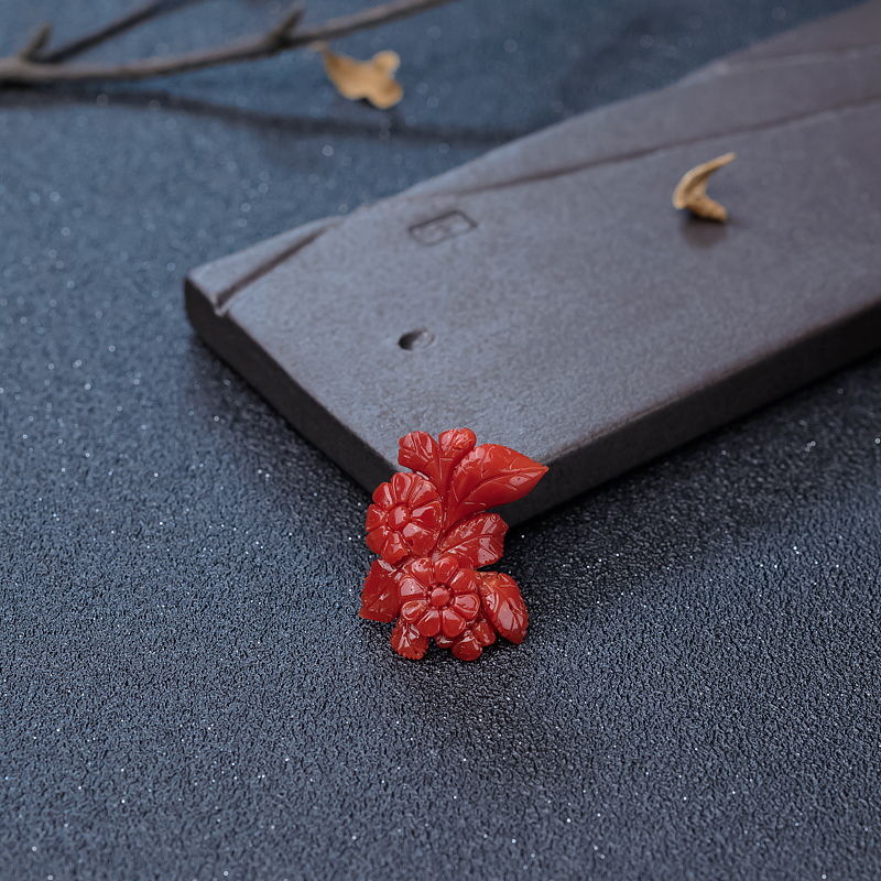 沙丁橘红珊瑚花戒面-红掌柜