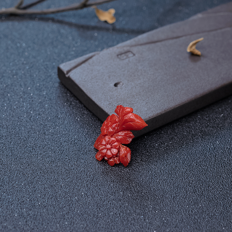 橘红珊瑚花戒面-红掌柜