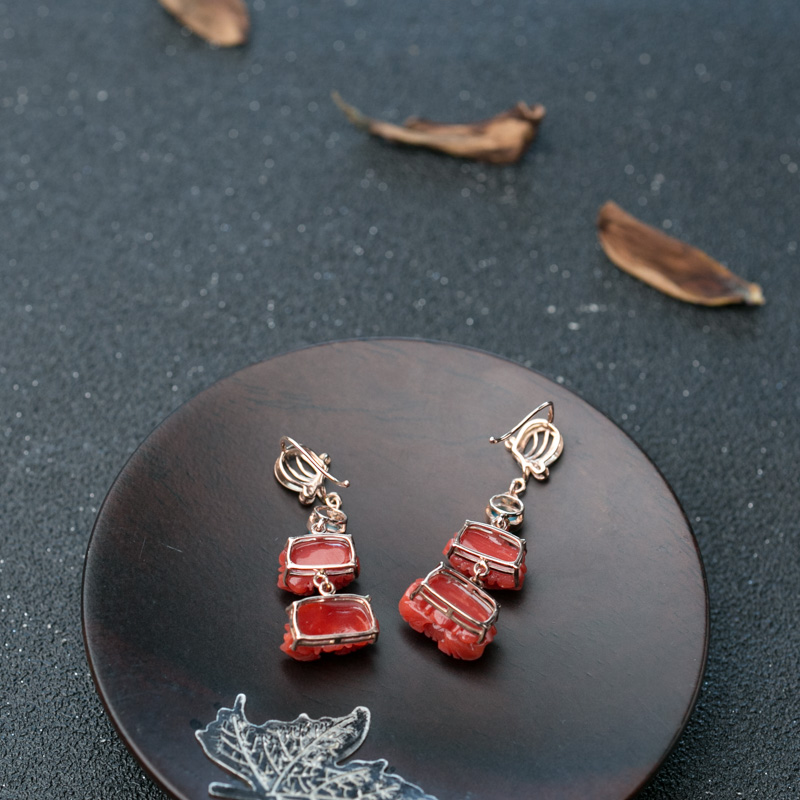 沙丁珊瑚牡丹花耳坠-红掌柜