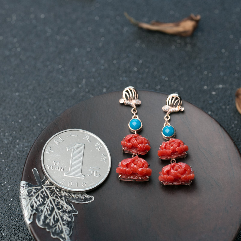 缅甸珊瑚牡丹花耳坠-红掌柜