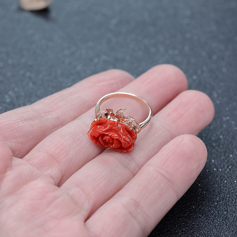 天然珊瑚牡丹花戒指-红掌柜