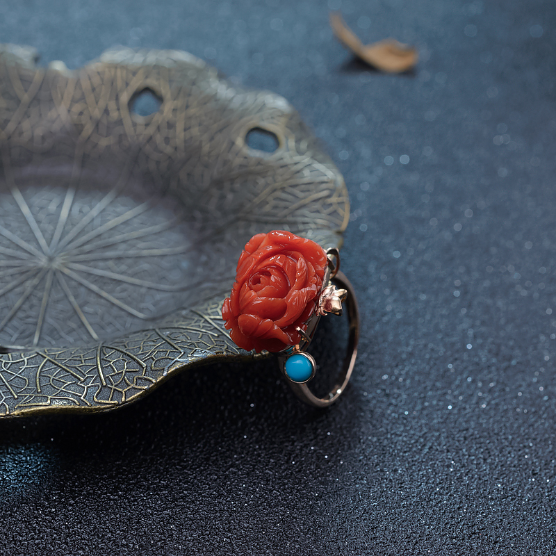 天然意大利沙丁珊瑚牡丹花戒指-红掌柜