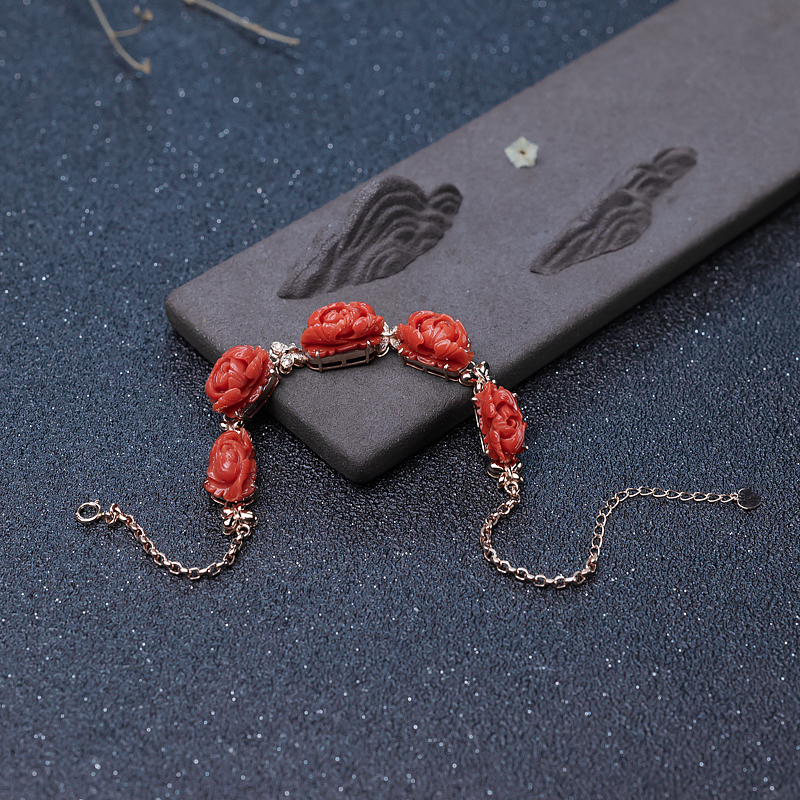 18K沙丁珊瑚牡丹花手链-红掌柜