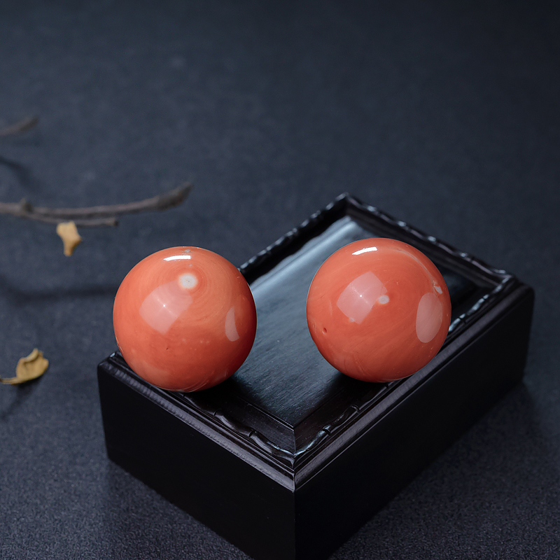 天然MOMO橘色珊瑚对珠-红掌柜