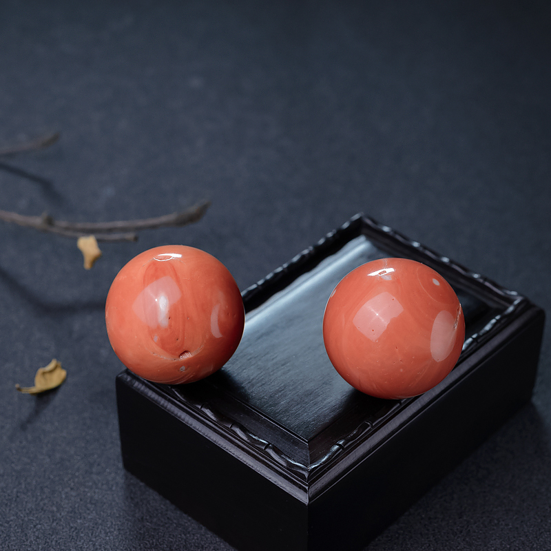 台湾天然橘色珊瑚对珠-红掌柜