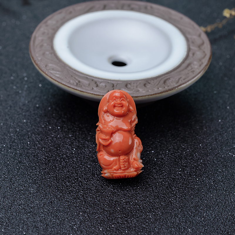 台湾天然MOMO珊瑚弥勒佛吊坠-红掌柜