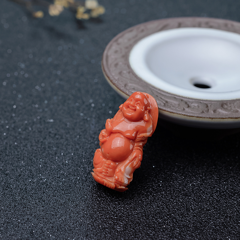 天然MOMO珊瑚弥勒佛吊坠-红掌柜