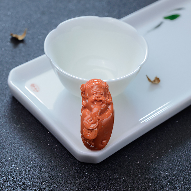MOMO橘色珊瑚财神吊坠-红掌柜
