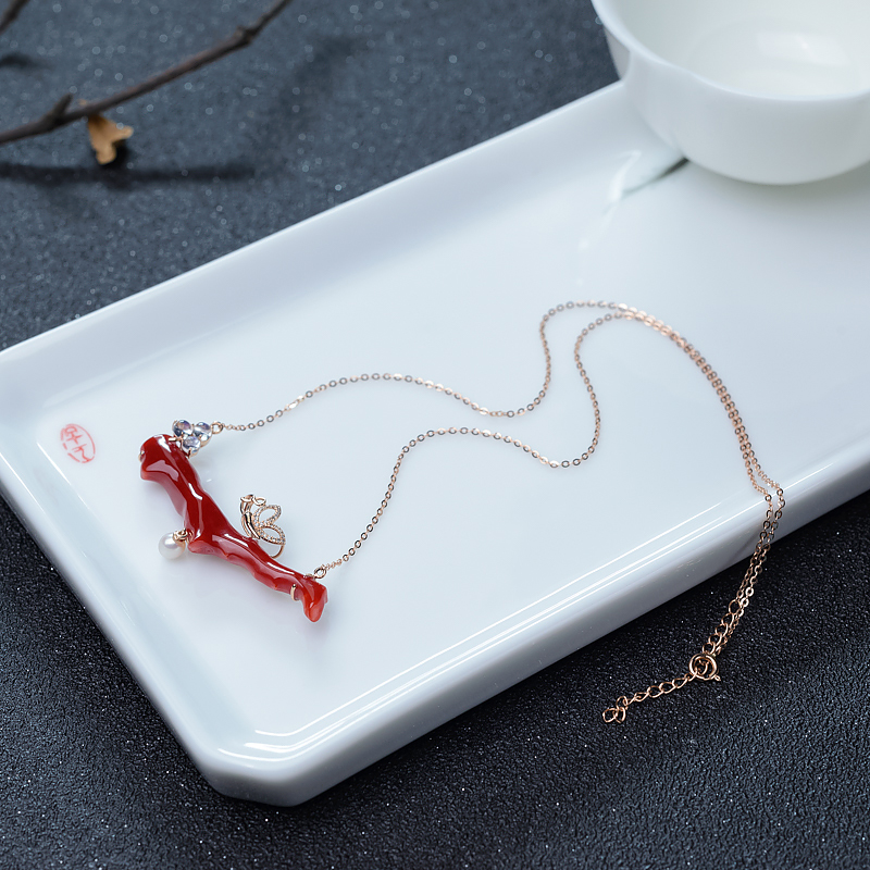 金镶钻阿卡深红珊瑚锁骨链-红掌柜