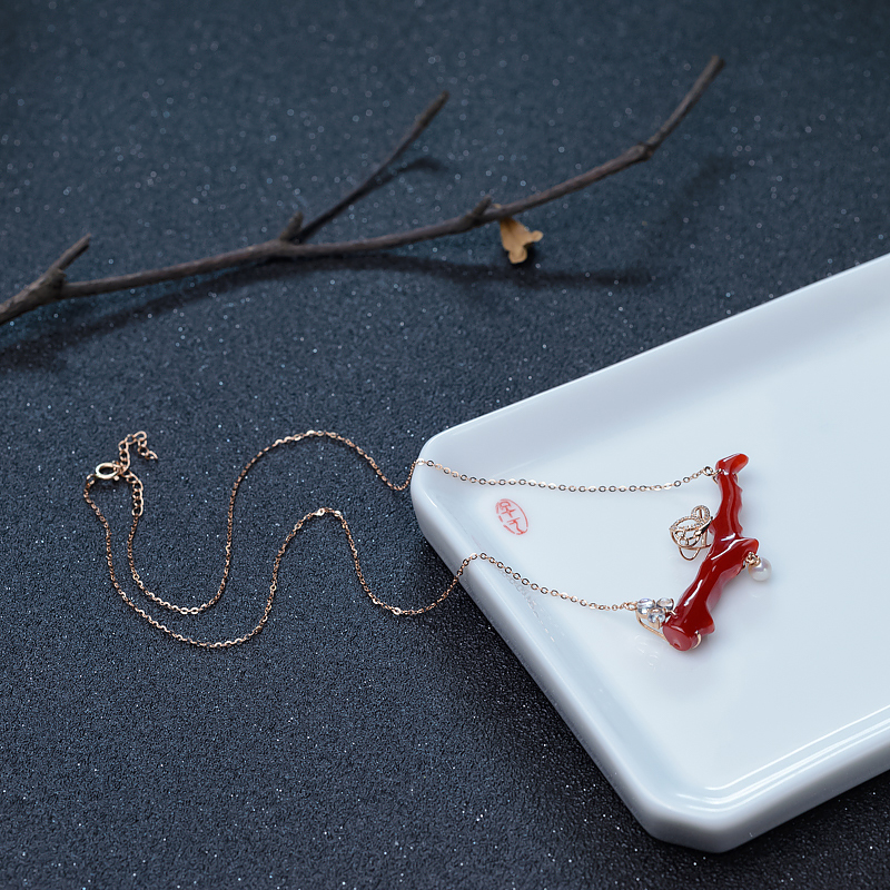 18K阿卡深红珊瑚锁骨链-红掌柜