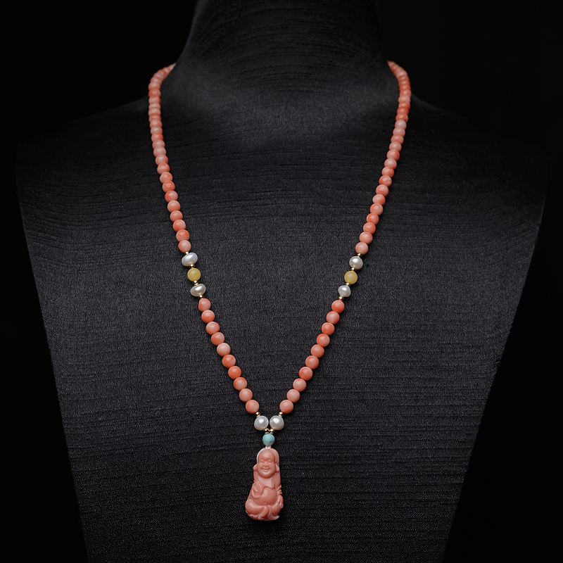 4mm深水珊瑚弥勒佛项链-红掌柜