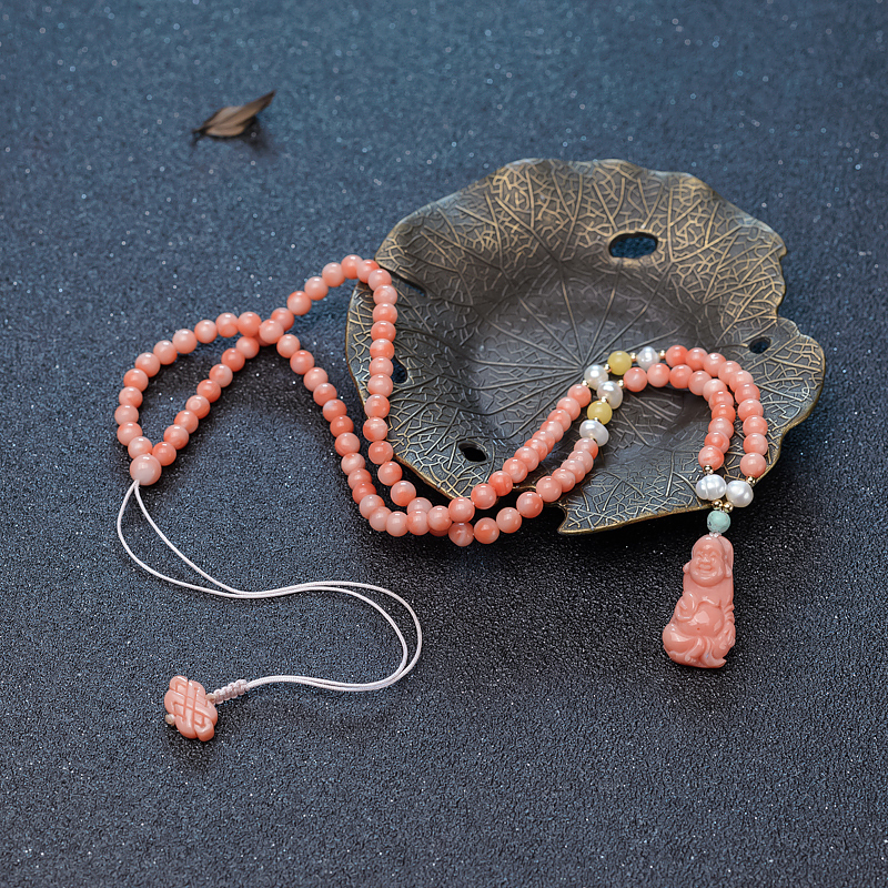 4mm珊瑚弥勒佛项链-红掌柜