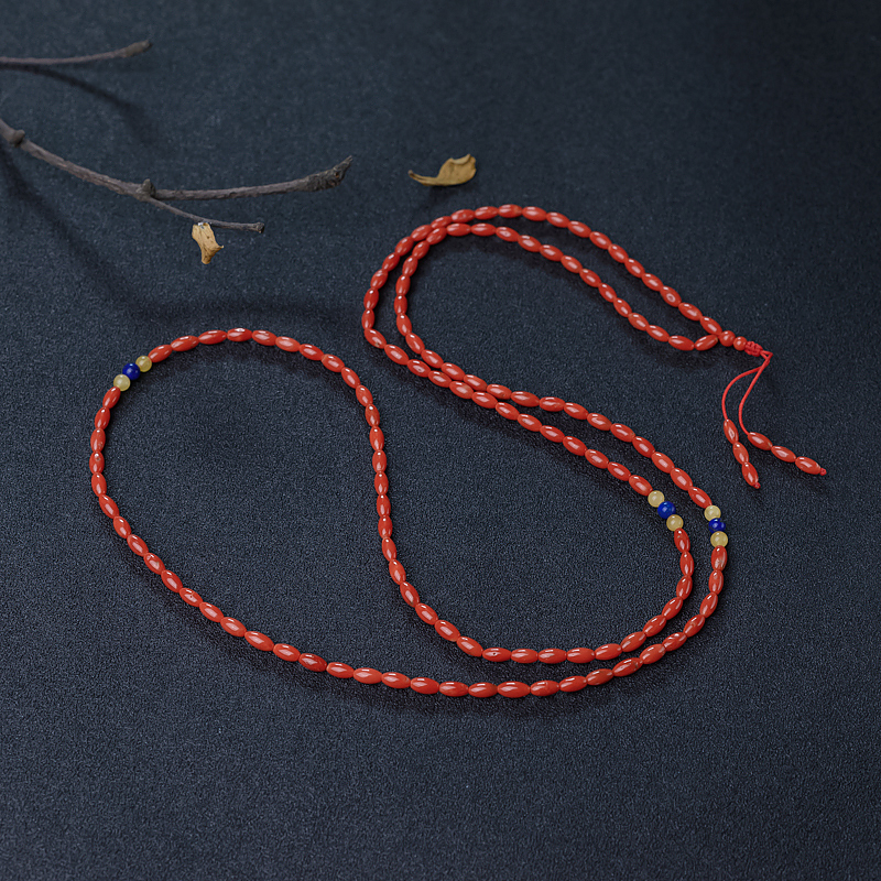 意大利天然沙丁朱红珊瑚米珠长链-红掌柜