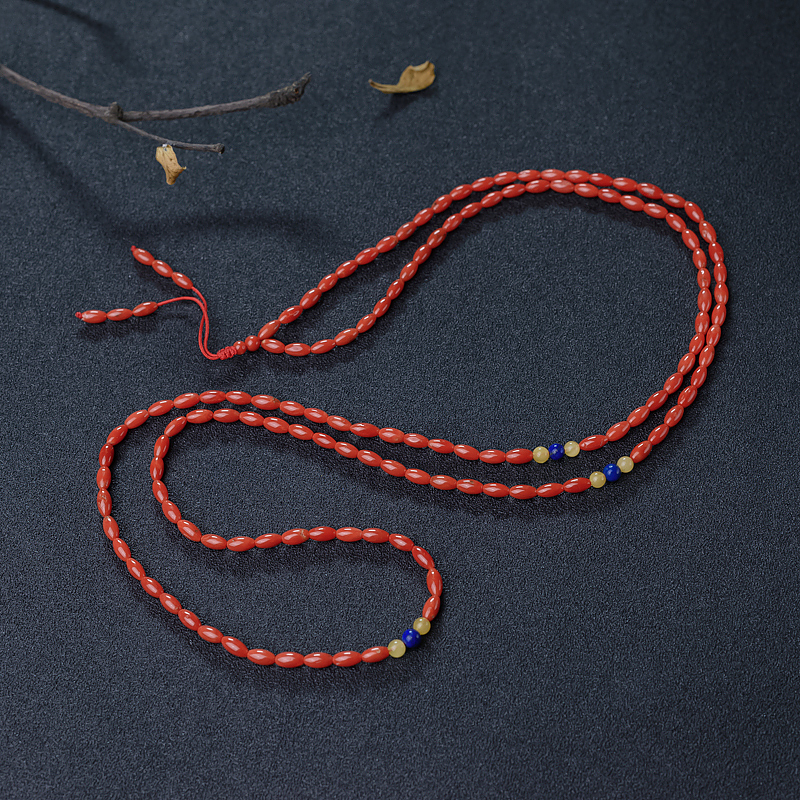 意大利沙丁朱红珊瑚米珠长链-红掌柜