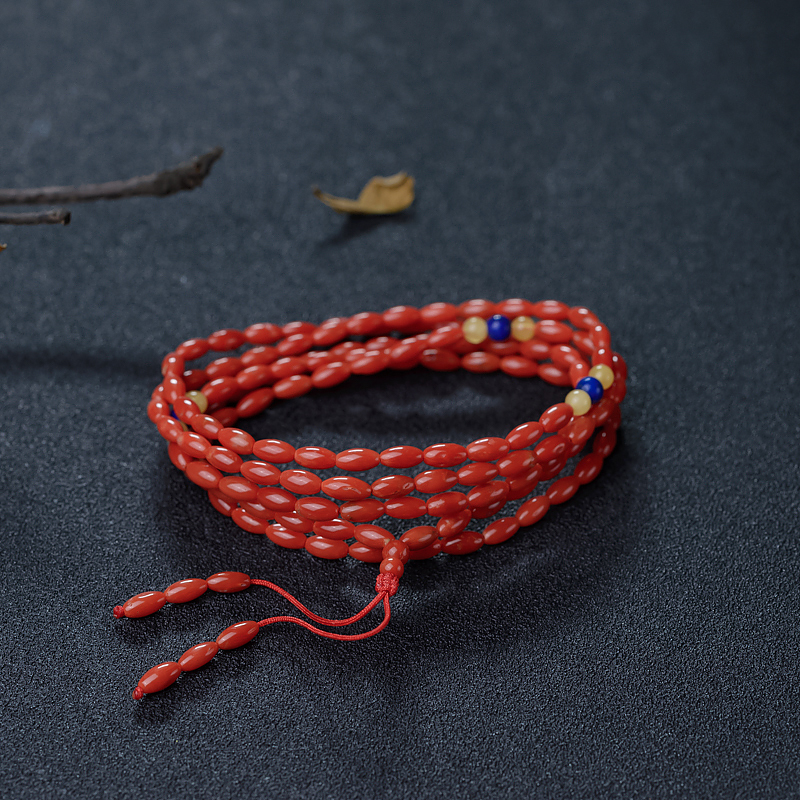 意大利天然朱红珊瑚米珠长链-红掌柜