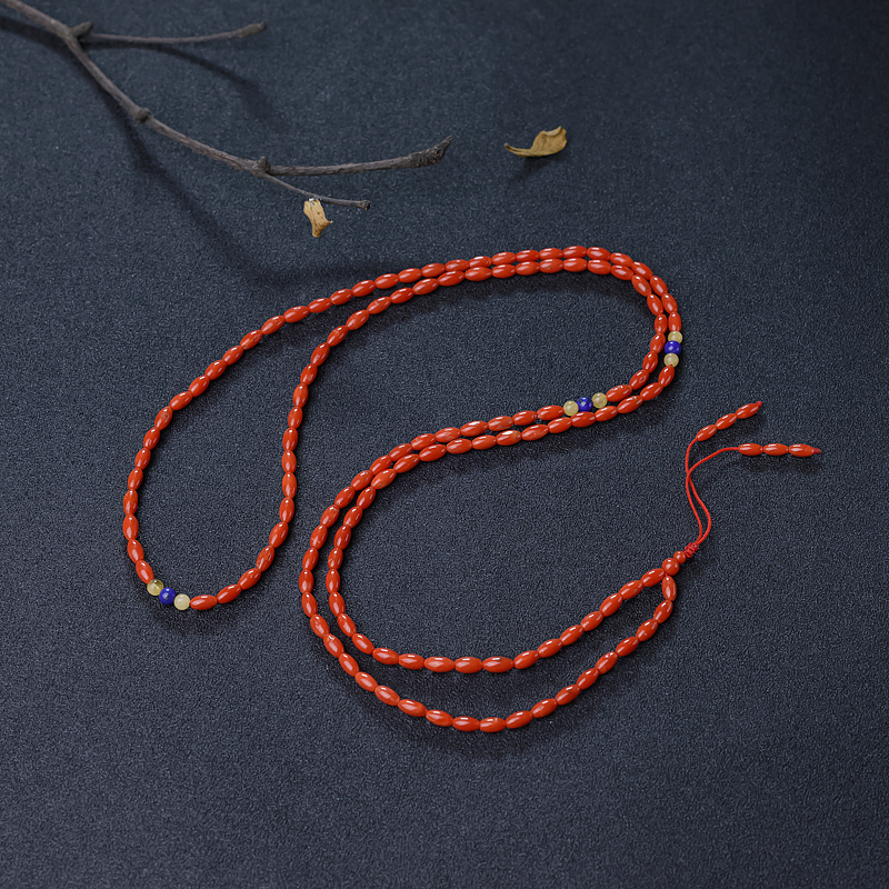 意大利天然沙丁朱红珊瑚米珠长链-红掌柜