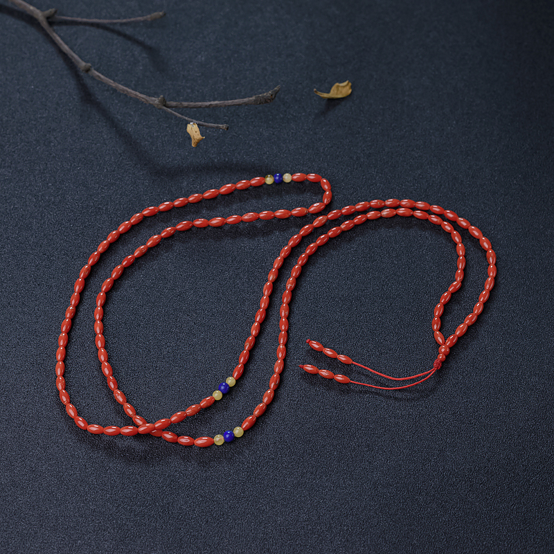 天然沙丁朱红珊瑚米珠长链-红掌柜