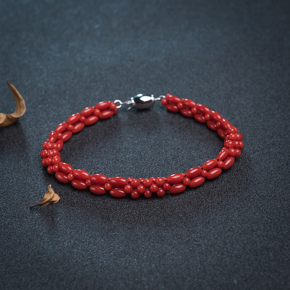 沙丁朱红珊瑚米珠编织手链-红掌柜