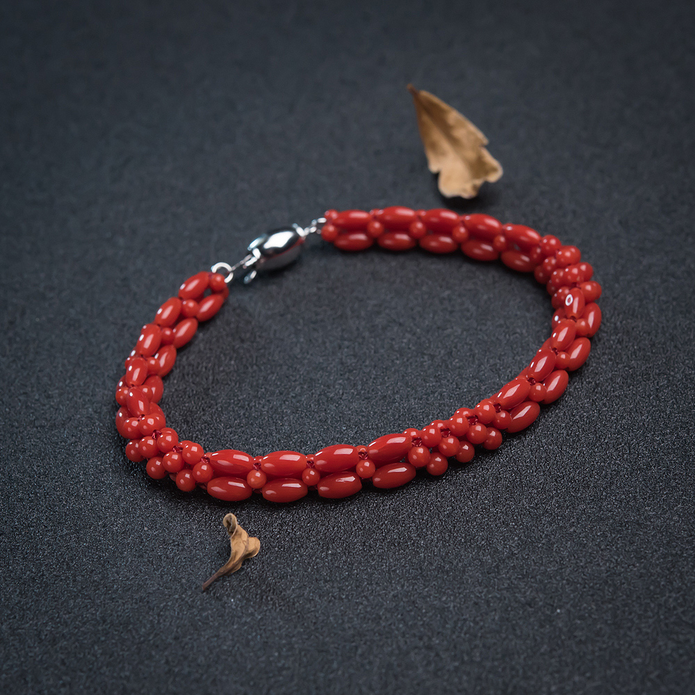 天然沙丁朱红珊瑚米珠编织手链-红掌柜
