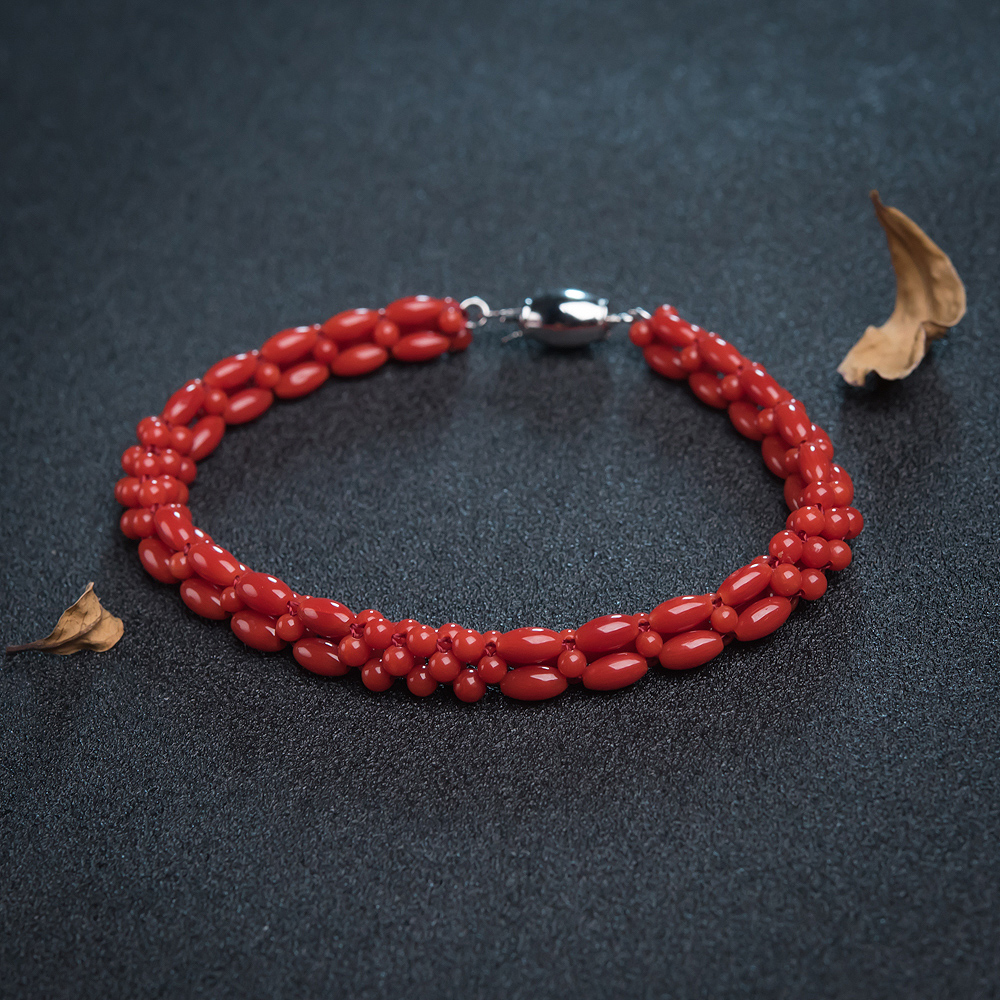 意大利沙丁朱红珊瑚米珠编织手链-红掌柜