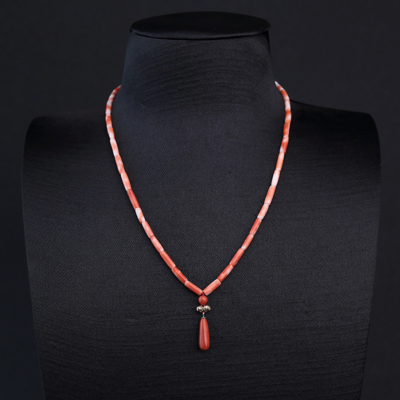 台湾天然MOMO橘色珊瑚桶珠项链-红掌柜