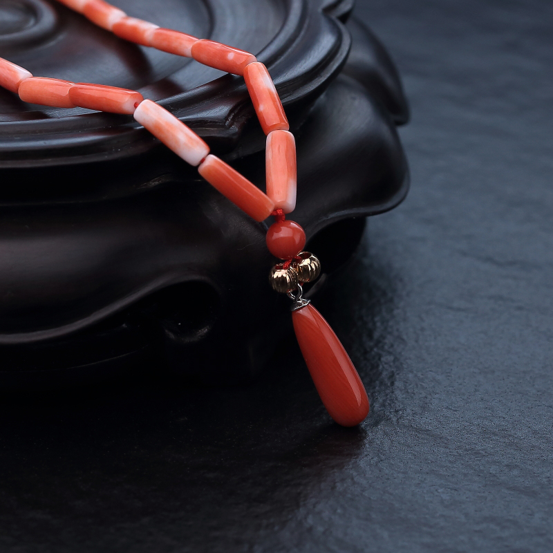 台湾天然橘色珊瑚桶珠项链-红掌柜