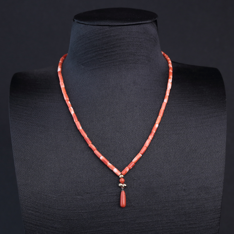 台湾天然MOMO橘色珊瑚桶珠项链-红掌柜