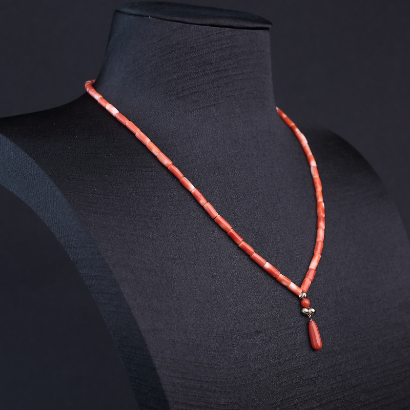 天然MOMO橘色珊瑚桶珠项链-红掌柜