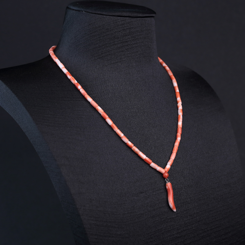 天然MOMO橘色珊瑚桶珠项链-红掌柜