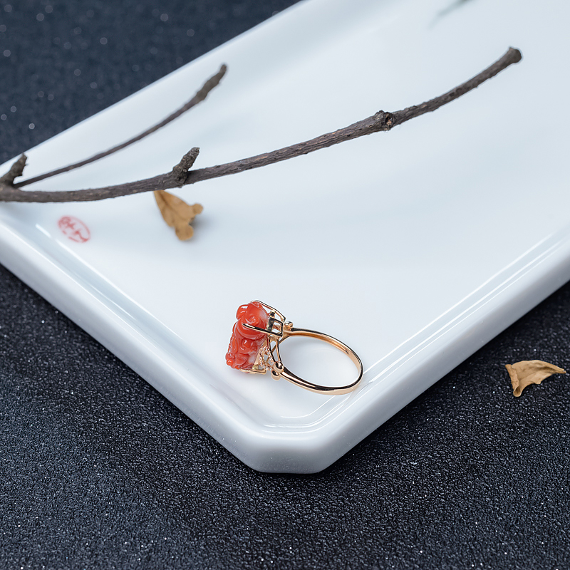 日本阿卡朱红珊瑚貔貅戒指-红掌柜