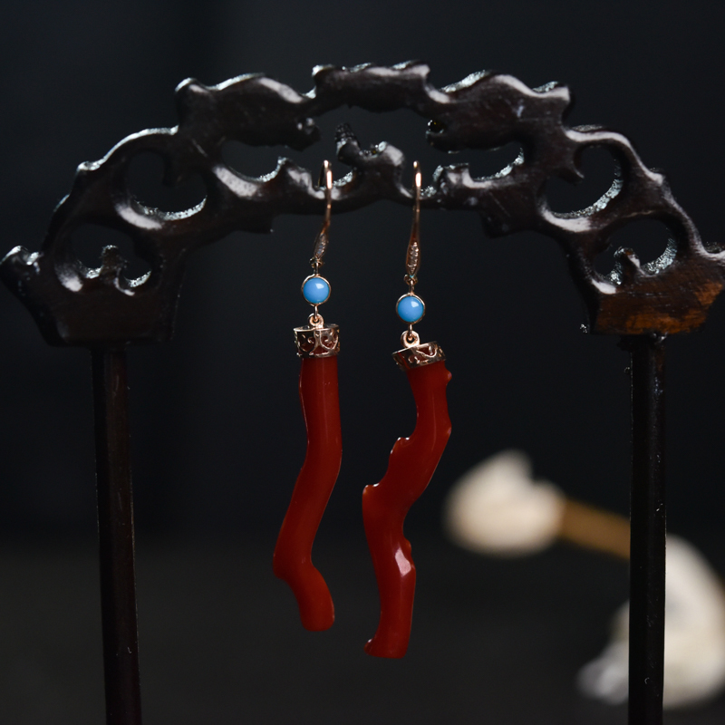 18K金镶钻阿卡正红珊瑚耳坠-红掌柜