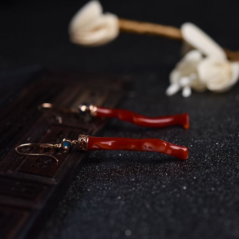 18K阿卡正红珊瑚耳坠-红掌柜