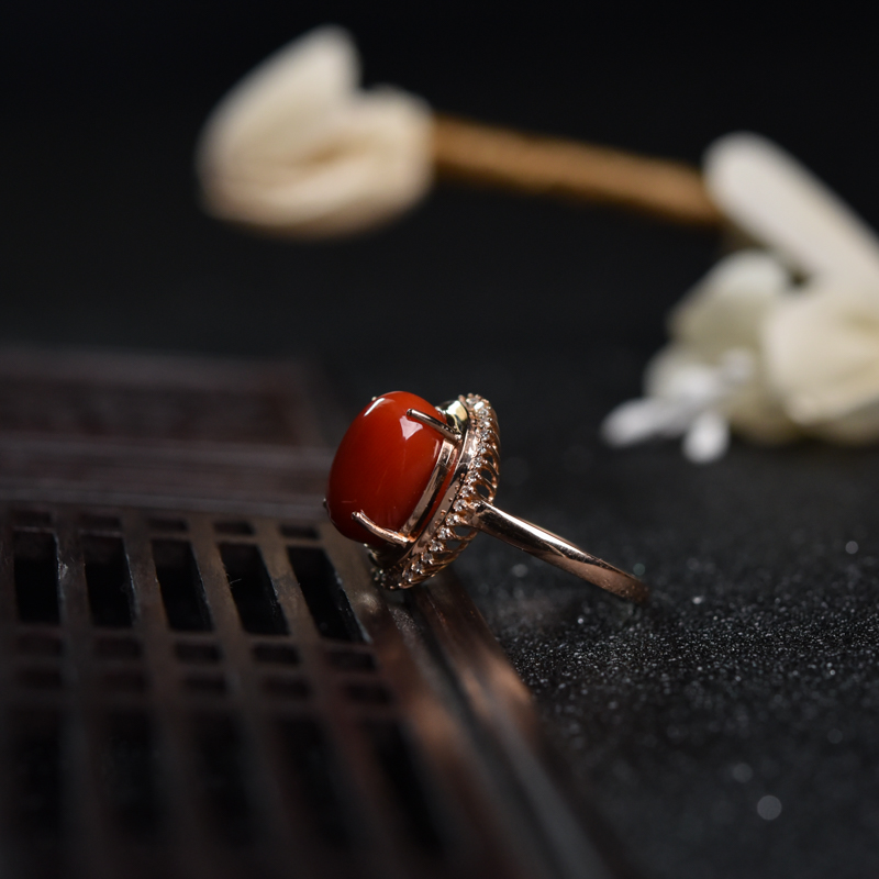 金镶钻沙丁朱红珊瑚戒指-红掌柜