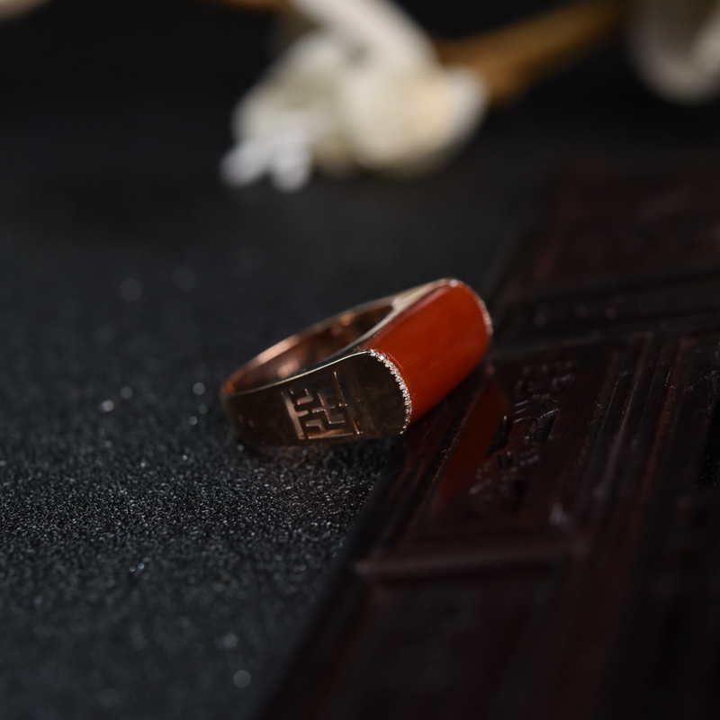 18K金镶钻沙丁朱红珊瑚戒指-红掌柜