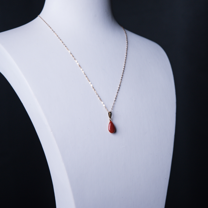 18K金镶阿卡天然珊瑚水滴项链-红掌柜