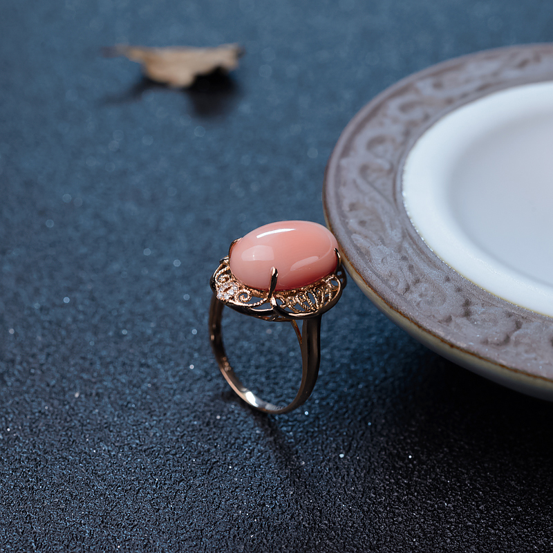 天然金镶钻深水珊瑚戒指-红掌柜