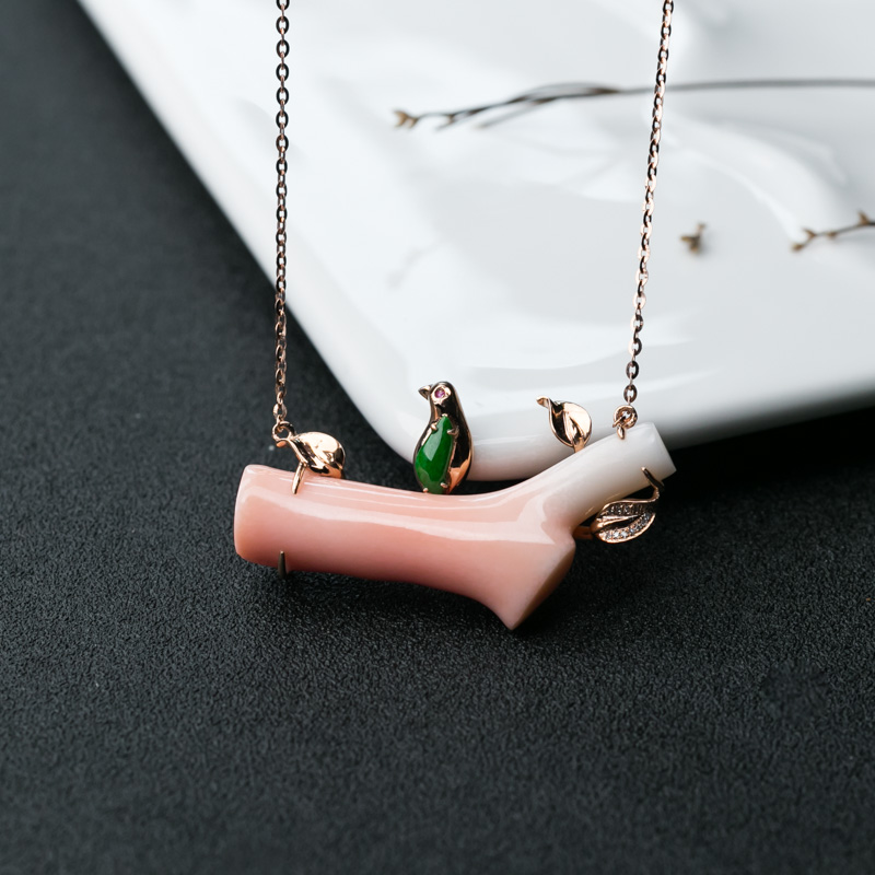 18K金镶钻台湾天然深水珊瑚锁骨链-红掌柜