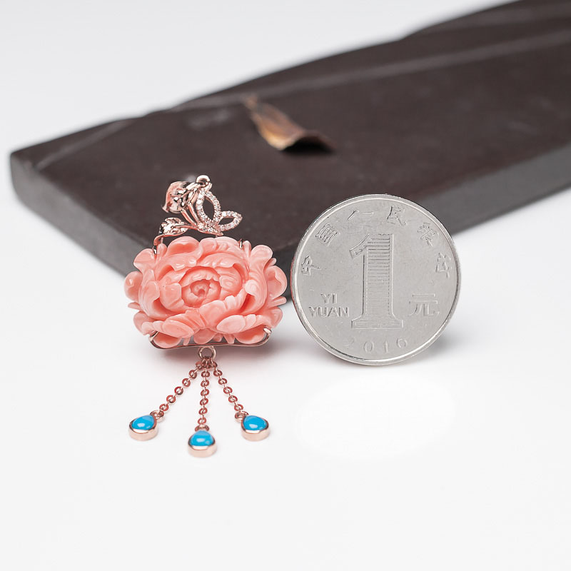 台湾天然珊瑚牡丹花吊坠-红掌柜