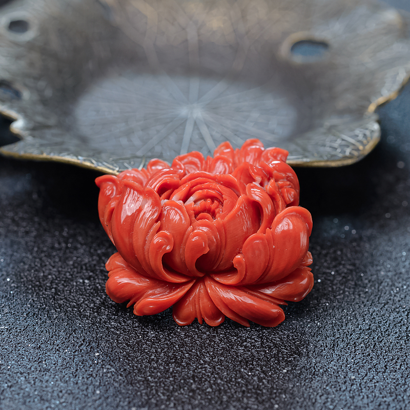 天然MOMO珊瑚牡丹花戒面-红掌柜