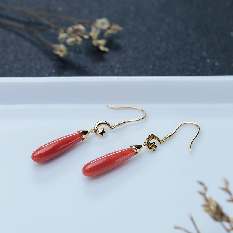 金镶沙丁珊瑚水滴耳坠-红掌柜
